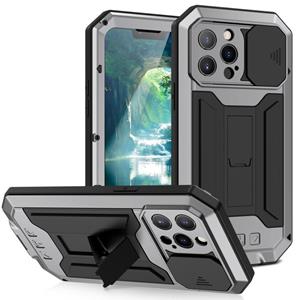 R-Just Sliding Camera Schokbestendig Waterdicht Stofdicht Metaal + Siliconen Beschermhoes Met Houder Voor iPhone 13 Pro (Silver)