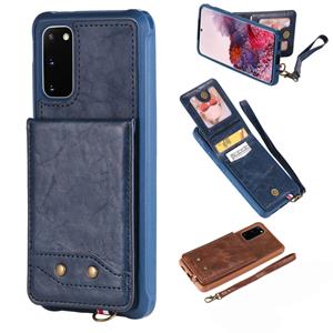 huismerk Voor Galaxy S20 Vertical Flip Shockproof Leather Protective Case met Short Rope Support Card Slots & Bracket & Photo Holder & Wallet Function(Blue)