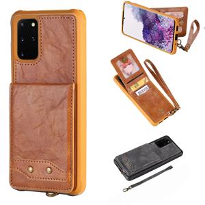 huismerk Voor Galaxy S20+ Vertical Flip Shockproof Leather Protective Case met Short Rope Support Card Slots & Bracket & Photo Holder & Wallet Function(Brown)