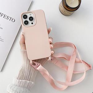 huismerk Elastische siliconen beschermhoes met brede hals lanyard voor iPhone 13 Pro (roze)