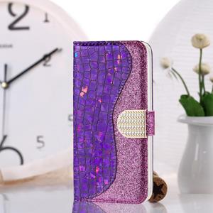 huismerk Laser Glitter Poeder Bijpassende Krokodil Textuur Horizontale Flip Lederen Case met Kaart Slots & Houder & Portemonnee voor iPhone 13 (Paars)