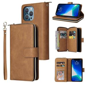 huismerk 9 Card Slots Zipper Wallet Bag Leather Phone Case For iPhone 13 Pro(Brown)