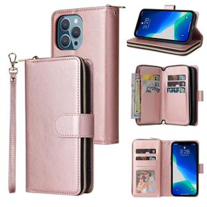 huismerk 9 Card Slots Zipper Wallet Bag Leather Phone Case For iPhone 13 Pro Max(Rose Gold)