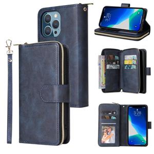 huismerk 9 Card Slots Zipper Wallet Bag Leather Phone Case For iPhone 13 Pro Max(Blue)