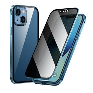 huismerk Anti-Peeping Magnetic Metal Frame Dubbelzijdig Gehard Glass Phone Case voor iPhone 13 (Sierra Blue)