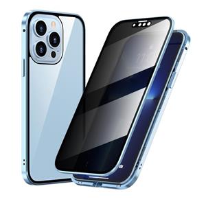 huismerk Anti-Peeping Magnetic Metal Frame Dubbelzijdig Gehard Glas Telefoon Case voor iPhone 13 Pro (Sierra Blue)