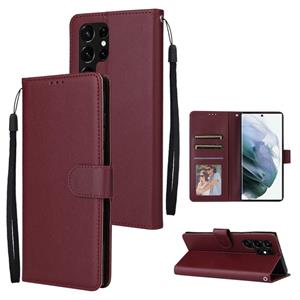 huismerk For Samsung Galaxy S22 Ultra 5G 3 Card Slots Multifunctional Leather Phone Case(Wine Red)