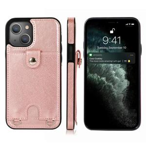 huismerk Schokbestendig PU-leer + TPU-beschermhoes met kaartsleuf en lanyard voor iPhone 13 mini (ROSE GOUD)