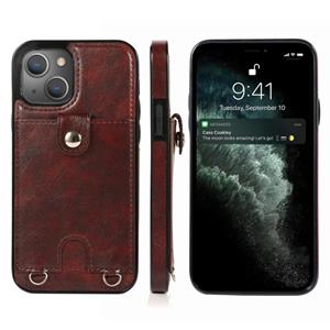 huismerk Schokbestendig PU-leer + TPU-beschermhoes met kaartsleuf en lanyard voor iPhone 13 mini