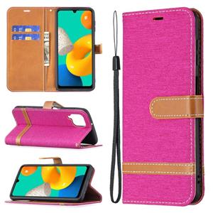 huismerk Voor Samsung Galaxy M32 Kleur Matching Denim Textuur Horizontale Flip Leren Case met Houder & Card Slots & Wallet & Lanyard (Rose Red)