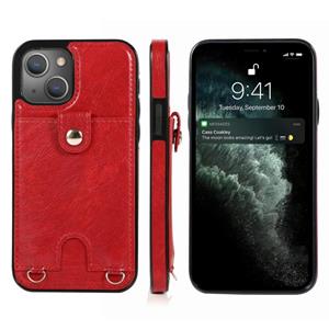 huismerk Schokbestendige PU-leer + TPU-beschermhoes met kaartsleuf en lanyard voor iPhone 13 Pro