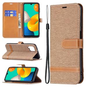 huismerk Voor Samsung Galaxy M32 Kleur Matching Denim Textuur Horizontale Flip Lederen Hoesje met Houder & Kaart Slots & Portemonnee & Lanyard (Bruin)