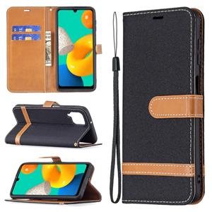 huismerk Voor Samsung Galaxy M32 Kleur Matching Denim Texture Horizontale Flip Leren Case Met Houder & Card Slots & Wallet & Lanyard (Zwart)