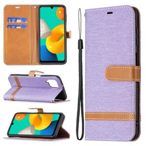 huismerk Voor Samsung Galaxy M32 Kleur Matching Denim Texture Horizontale Flip Leren Case met Houder & Card Slots & Wallet & Lanyard (Purple)