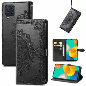 huismerk Voor Samsung Galaxy M32 Mandala Bloem reliëf horizontale flip lederen hoesje met houder drie kaart slots & portemonnee &lanyard (zwart)