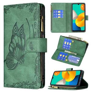 huismerk Voor Samsung Galaxy M32 Flying Butterfly Embossing Pattern Rits Horizontale Flip Leren Case met Houder & Kaart Slots & Portemonnee