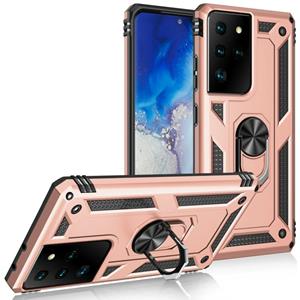 huismerk Voor Samsung Galaxy S21 Ultra 5G Schokbestendige TPU + PC Beschermhoes met 360 graden roterende houder (roségoud)