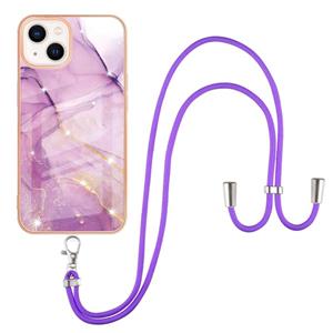 huismerk Galvaniseren Marmeren Patroon IMD TPU Shockproof Case met Neck Lanyard voor iPhone 13 (Purple 001)