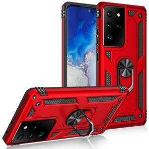 huismerk Voor Samsung Galaxy S21 Ultra 5G Schokbestendige TPU + PC Beschermhoes met 360 graden roterende houder (rood)