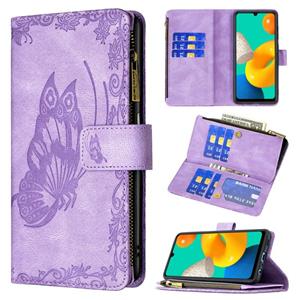 huismerk Voor Samsung Galaxy M32 Flying Butterfly Embossing Pattern Rits Horizontale Flip Leren Case Met Houder & Card Slots & Portemonnee (Paars)