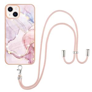 huismerk Electroplating Marmeren Patroon IMD TPU Shockproof Case met Neck Lanyard voor iPhone 13 (Rose Gold 005)