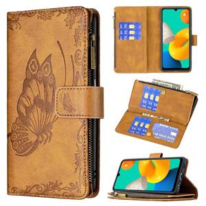 huismerk Voor Samsung Galaxy M32 Flying Butterfly Embossing Patroon Rits Horizontale Flip Lederen Hoesje met Houder & Kaart Slots &Portemonnee (Bruin)