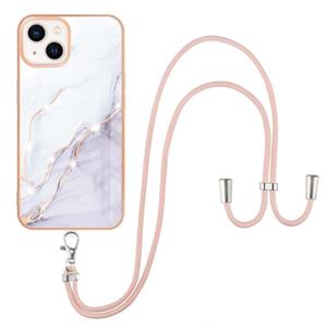 huismerk Electroplating Marmeren Patroon IMD TPU Schokbestendig Case met Neck Lanyard voor iPhone 13 (White 006)