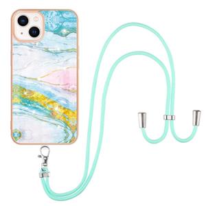 huismerk Electroplating Marmeren Patroon IMD TPU Shockproof Case met Neck Lanyard voor iPhone 13 (Groen 004)