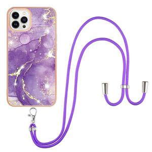 huismerk Electroplating Marmeren Patroon IMD TPU Shockproof Case met Neck Lanyard voor iPhone 13 Pro (Purple 002)