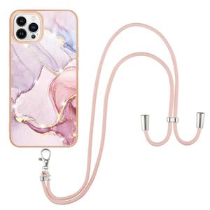 huismerk Electroplating Marmeren Patroon IMD TPU Shockproof Case met Neck Lanyard voor iPhone 13 Pro (Rose Gold 005)