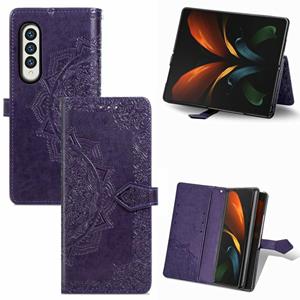 huismerk Voor Samsung Galaxy Z Fold3 Mandala Flower Reliëf Horizontale Flip Leren Case met Houder & Three Card Slots & Wallet & Lanyard (Purple)