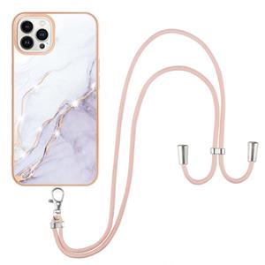 huismerk Electroplating Marmeren Patroon IMD TPU Schokbestendig Case met Neck Lanyard voor iPhone 13 Pro (White 006)