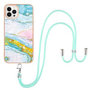 huismerk Electroplating Marble Pattern IMD TPU Shockproof Case met neksleutel voor iPhone 13 Pro (groen 004)