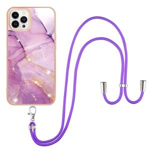 huismerk Electroplating Marmeren Patroon IMD TPU Shockproof Case met Neck Lanyard voor iPhone 13 Pro Max (Purple 001)