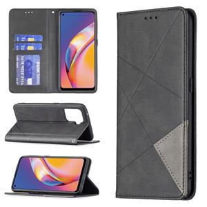 huismerk Voor OPPO A94 4G /Reno 5F/F19 Pro Rhombus Textuur Horizontale Flip Magnetische Lederen Geval met Houder & Kaartsleuven (Zwart)