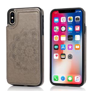 huismerk Double Buckle Mandala Patroon PU+TPU Beschermhoes met kaartslots & houder & fotolijst voor iPhone XS Max(Grijs)