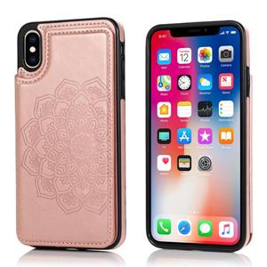 huismerk Double Buckle Mandala Patroon PU+TPU Beschermhoes met kaartslots & houder & fotolijst voor iPhone XS Max(Rose Gold)