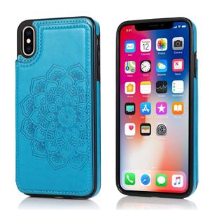 huismerk Double Buckle Mandala Patroon PU+TPU Beschermhoes met kaartslots & houder & fotolijst voor iPhone XS Max(Blauw)