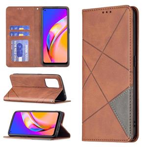 huismerk Voor OPPO A94 5G / F19 Pro Plus / Reno5 Z 5G Rhombus Textuur Horizontale Flip Magnetische Lederen Case met Houder & Card Slots (Bruin)