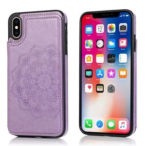 huismerk Double Buckle Mandala Patroon PU+TPU Beschermhoes met kaartslots & houder & fotolijst voor iPhone XS Max(Paars)