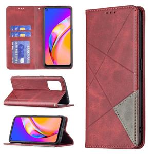 huismerk Voor OPPO A94 5G /F19 Pro Plus/Reno5 Z 5G Rhombus Textuur Horizontale Flip Magnetische Lederen Geval met Houder & Kaartsleuven (Rood)