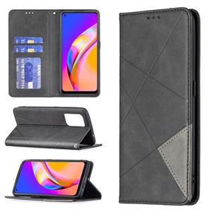 huismerk Voor Oppo A94 5G / F19 Pro Plus / Reno5 Z 5G Rhombus Texture Horizontale Flip Magnetische Lederen Case met Houder & Card Slots (Zwart)