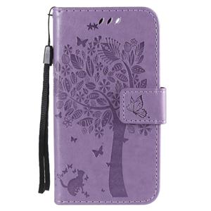 huismerk Voor iPhone 12 Tree & Cat In reliëf patroon horizontale flip lederen hoes met Houder & Card Slots & Wallet & Lanyard(Light Purple)