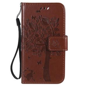 huismerk Voor iPhone 12 Tree & Cat In reliëf patroon horizontale flip lederen hoes met Houder & Card Slots & Wallet & Lanyard(Koffie)