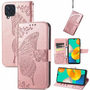 huismerk Voor Samsung Galaxy M32 Butterfly Love Flowers Reliëf Horizontale Flip Leren Case Met Houder & Card Slots & Wallet & Lanyard (Rose Gold)