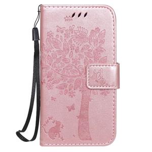 huismerk Voor iPhone 12 Tree & Cat In reliëf patroon horizontale flip lederen hoes met Holder & Card Slots & Wallet & Lanyard(Rose Gold)