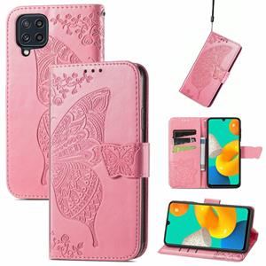 huismerk Voor Samsung Galaxy M32 Butterfly Love Flowers Reliëf Horizontale Flip Leren Case met Houder & Card Slots & Wallet & Lanyard (Pink)