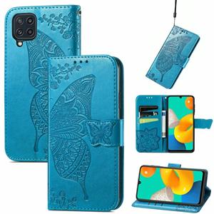 huismerk Voor Samsung Galaxy M32 Butterfly Love Flowers Reliëf Horizontale Flip Leren Case met Houder & Card Slots & Wallet & Lanyard (Blauw)