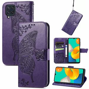 huismerk Voor Samsung Galaxy M32 Butterfly Love Flowers Reliëf Horizontale Flip Leren Case Met Houder & Card Slots & Wallet & Lanyard (Dark Purple)