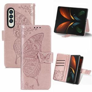 huismerk Voor Samsung Galaxy Z Gold3 Butterfly Love Flowers Reliëf Horizontale Flip Lederen Case met Houder & Card Slots & Wallet & Lanyard (Rose Gold)